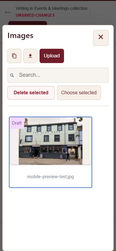 Mobile photo picker with Upload and Choose selected buttons above a selected pub photograph