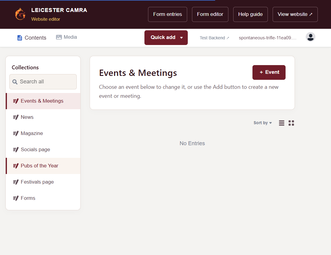 The editor’s collection menu showing Events and Meetings, News, Magazine, Socials, Pubs of the Year and Festivals