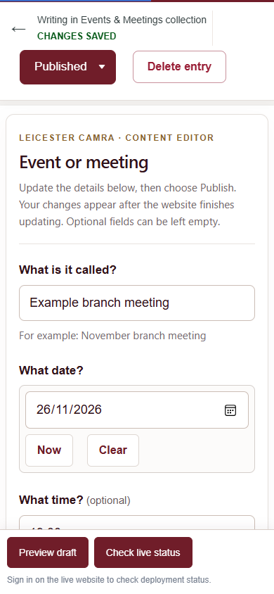 Published example entry with its Delete entry button at the top
