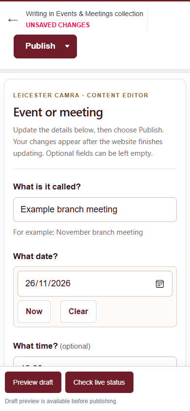 Example mobile event form with a name, date, time and meeting point filled in