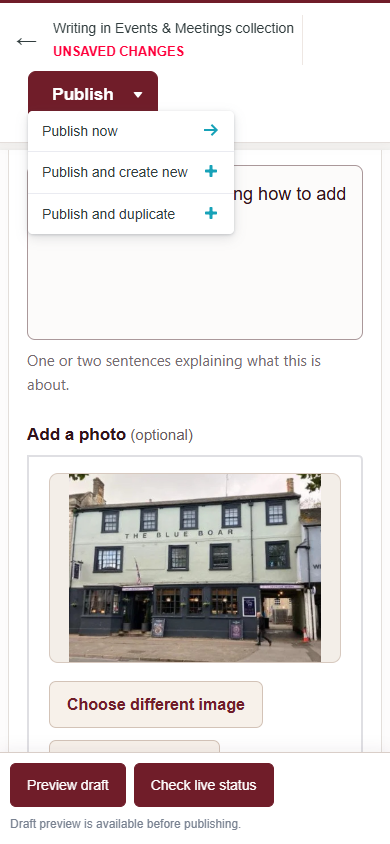 Mobile Publish menu showing Publish now as the first option