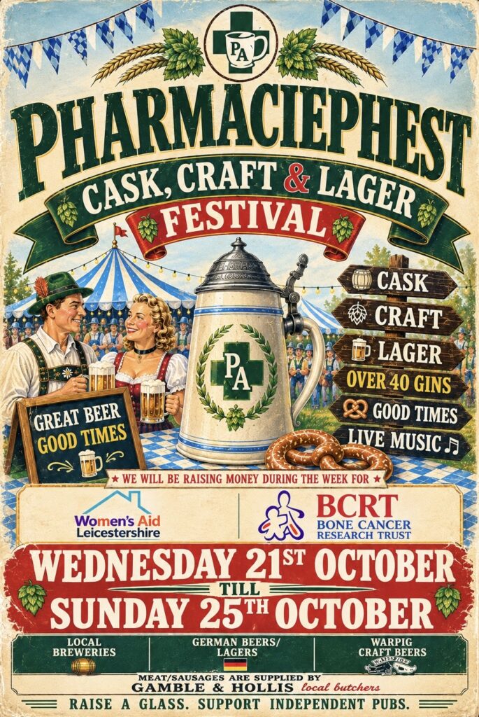 Poster afvertising Pharmaciephest. A beer festival at the Pharmacie Arms from 21 October to 25 October 2026